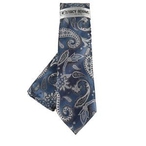 Stacy Adams Men Tie Hanky Cobalt Blue Silver Charcoal Gray Hand Made 3.25" Wide